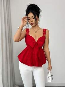 Rafferiza 女士优雅法式性感度假风蕾丝打结荷叶边宽肩带上衣，夏季 - 紅色 - 查看 7