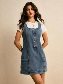 Poéselle 女士休闲无袖牛仔连衣裙，带双口袋，夏季 - 中等水洗藍 - 查看 1
