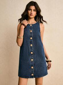 Poéselle 女士休闲前扣无袖牛仔连衣裙，夏季 - 淺色水洗藍 - 查看 5