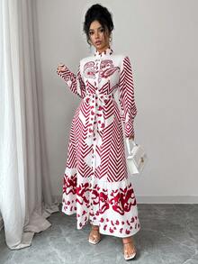 Elenzga 女士优雅时尚通勤休闲舒适迷人复古简约高端浪漫假日长袖立领蝴蝶结腰带抽绳A字下摆印花连衣裙 - 紅白色 - 查看 6