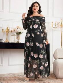 Modelyn Plus Size Elegant Floral Print Off-Shoulder Dress - Black - View 4