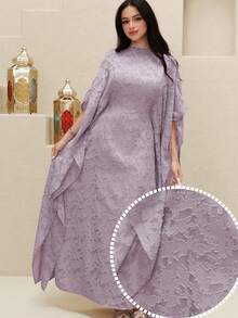 Yasmyna Women's Solid Color Elegant Boat Neck Turkish Maxi Dress, Arabic Traditional Long Robe - Dusty Purple - View 1