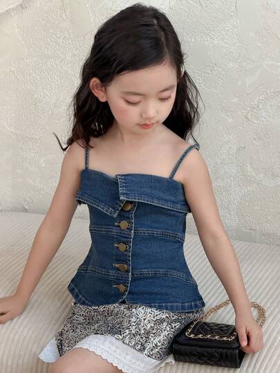 DAZY Young Girls' Denim Patchwork Strap Vest Summer Vacation