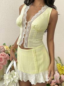 SHEIN Raffinéa 女士夏季度假撞色蕾丝吊带背心和荷叶边半裙两件套 - 黃色 - 查看 1