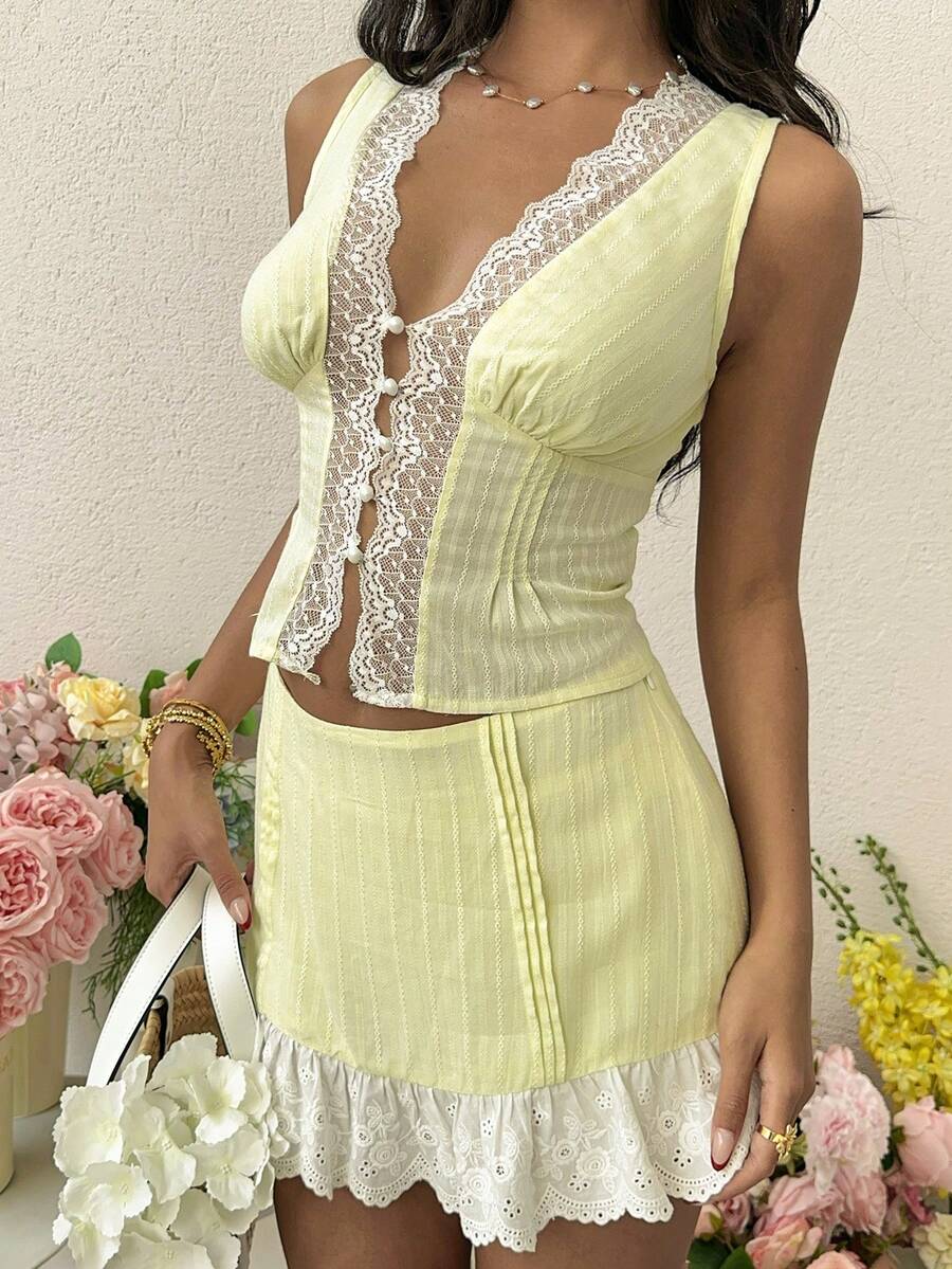 SHEIN Raffinéa 女士夏季度假撞色蕾丝吊带背心和荷叶边半裙两件套 - 黃色 - 查看 1