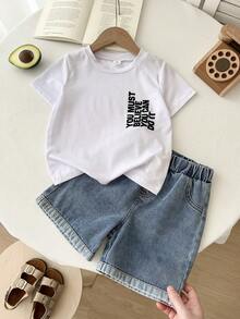 2件套儿童男童休闲百搭舒适圆领宽松短袖针织T恤和短裤套装，适合春夏穿着 - 白色 - 查看 3