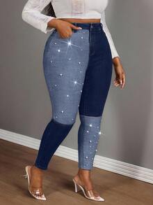 Slaydiva سراويل جينز نسائية سكيني مخصصة بتصميم فني مبتكر مزينة باللؤلؤ، لون أسود، مقاسات كبيرة، مناسبة للنساء في موسم الخريف وحفلات الرعاة - أزرق داكن - مشاهدة 3