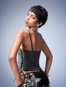 Y2Kool BiGraphic 女士时尚亮片交叉绑带吊带背心，夏季必备 - 黑色 - 查看 2