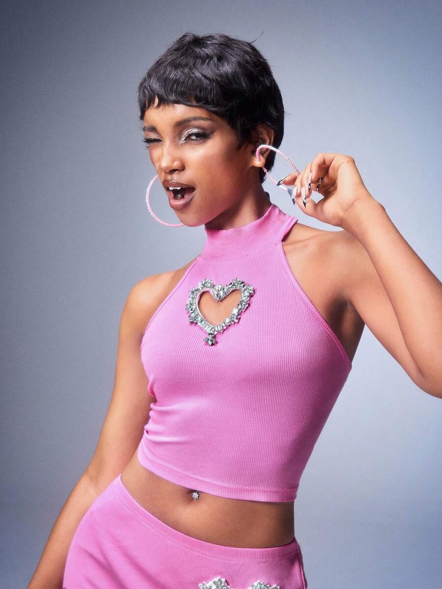 Y2Kool Y2K Rhinestone Crystal Hollow Heart Halter Knit Camisole For Women, Casual Street Style, Suitable For Spring/Summer, Party, Holiday, Valentine's Day, New Year, Daily Wear - Pink - View 1