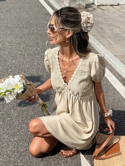 Serisse Women's Embroidered Hollow-Out Puff Sleeve Fashionable Mini Dress,French Sweet V-Neck Hollow Embroidery Puff Sleeve Dress, Lace Patchwork Design,Slim High-Waist A-Line Skirt, Doll Shirt Style,Summer Stylish Niche Short Skirt,Holiday Dress,Women Vacation Dress,Summer Holiday Outfits,Beach Dress,Elegant Summer Resort Dress