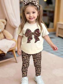 Spring & Summer Baby Girls Casual Fashion Creative Personalized Fresh Minimalist Cute Heart, Leopard Print, Bow Decor Pattern Printed Short T-Shirt And Leggings 2-Piece Outfit, Comfortable Daily Wear, Cozy For Spring, Summer & Fall - Multicolor - View 6