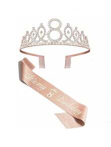 Sparkling Rhinestone Crystal Crown Tiara With Happy Birthday Satin Sash 2PCS Set For Girls 3rd 4th 5th 6th 7th 8th 9th Years Old Birthday Party Decorations, Princess Anniversary Celebration Supplies For Christmas​ - Rose Gold - View 5