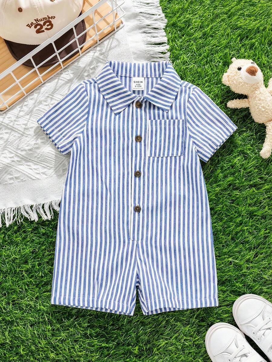 SHEIN Barboteuse décontractée style coréen rayée à col châle pour bébé garçon/fille, convient pour le printemps/été, pour l'intérieur et l'extérieur - Multicolore - Voir 1