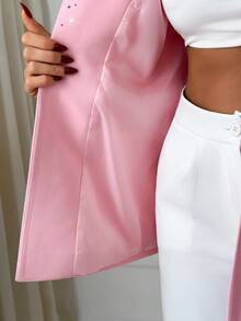 EURMUSE Women Rhinestone Lapel Neck Elegant Pink Blazer - Pink - View 6