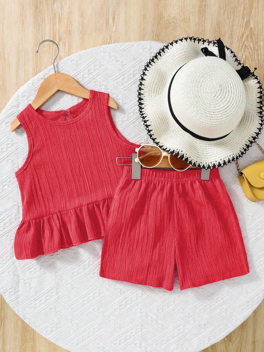 SHEIN Genkimix Kids 两件套女童纯色圆领无袖上衣和宽松纯色短裤套装