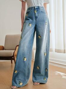 Anewsta Women's Fashion Pockets Fruit Embroidery Straight Leg Jeans - Blue - View 1