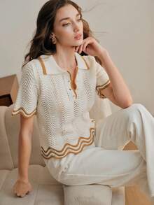 Anewsta Women's Knitted Polo Collar Short Sleeve Pullover Top - White - View 7