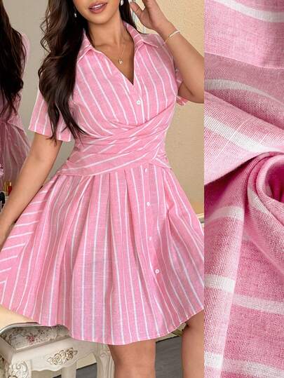 Vionelle 大码不对称休闲优雅衬衫领交叉腰带粉色条纹连衣裙，春夏款