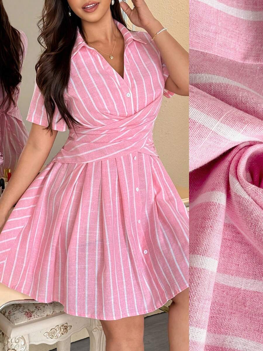 Vionelle 大码不对称休闲优雅衬衫领交叉腰带粉色条纹连衣裙，春夏款 - 粉色 - 查看 1