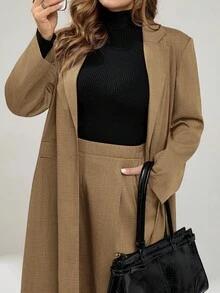Auralis Plus Size Casual Commuter Jacket And Pants Suit - Camel - View 8