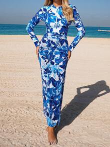 Swim Mulvari 女士扎染花卉经典印花连体泳衣，网纱拼接长款连衣裙，中东风格连体泳装 - 藍色 - 查看 6