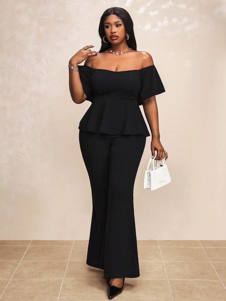 Truni Plus Off Shoulder Peplum Top & Flare Leg Pants, For Pear
