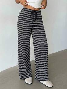 Aloruh Women's New Ultra Low Waist Black And Gray Striped Pants, Autumn/Winter - Black - View 2