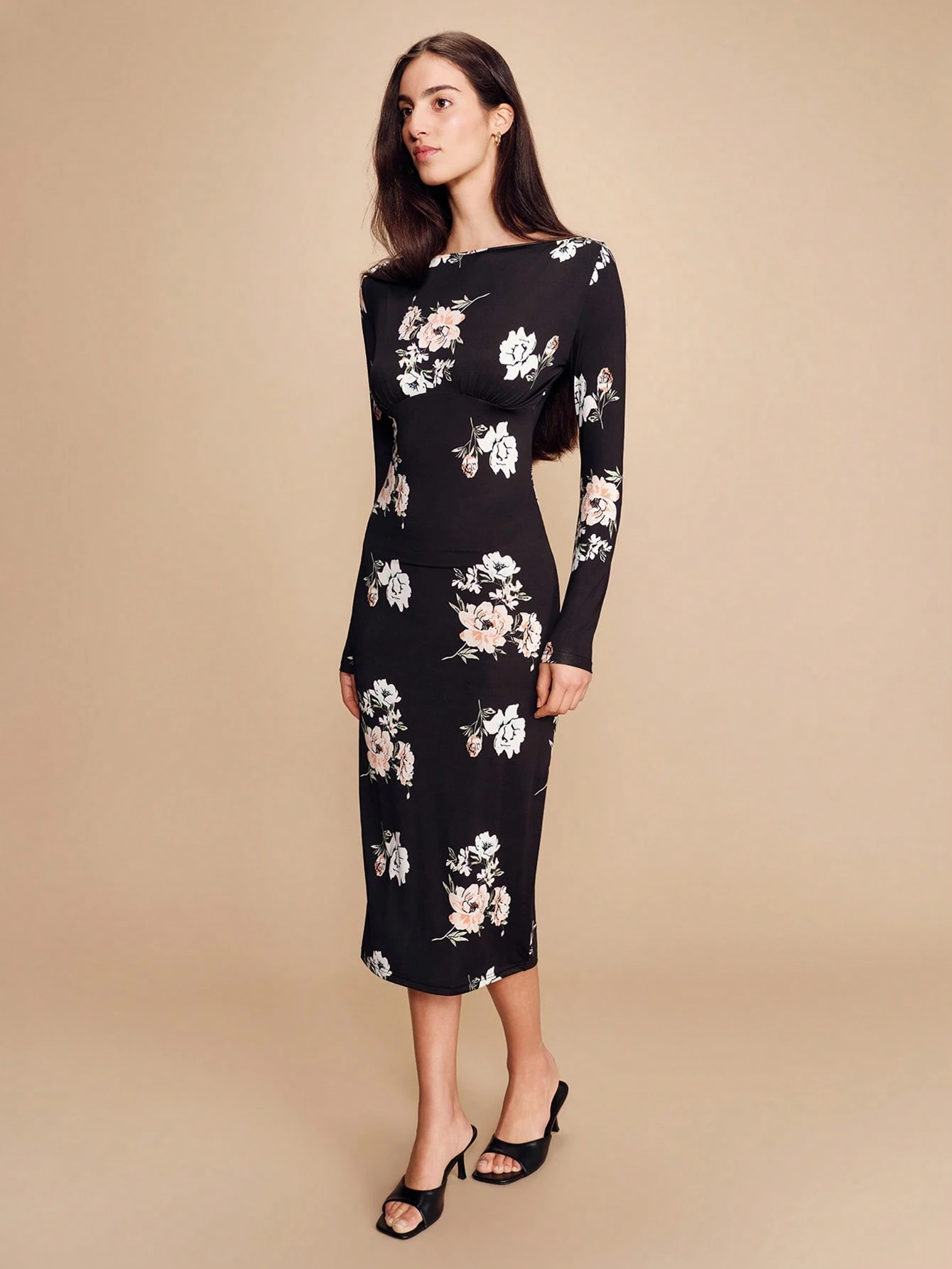 Floral Printed Gathered Waisted Long Sleeve Midi Dress Vintage Style Spring Summer Going Out Date Night Dress Black Floral Dress Floral Midi Dress