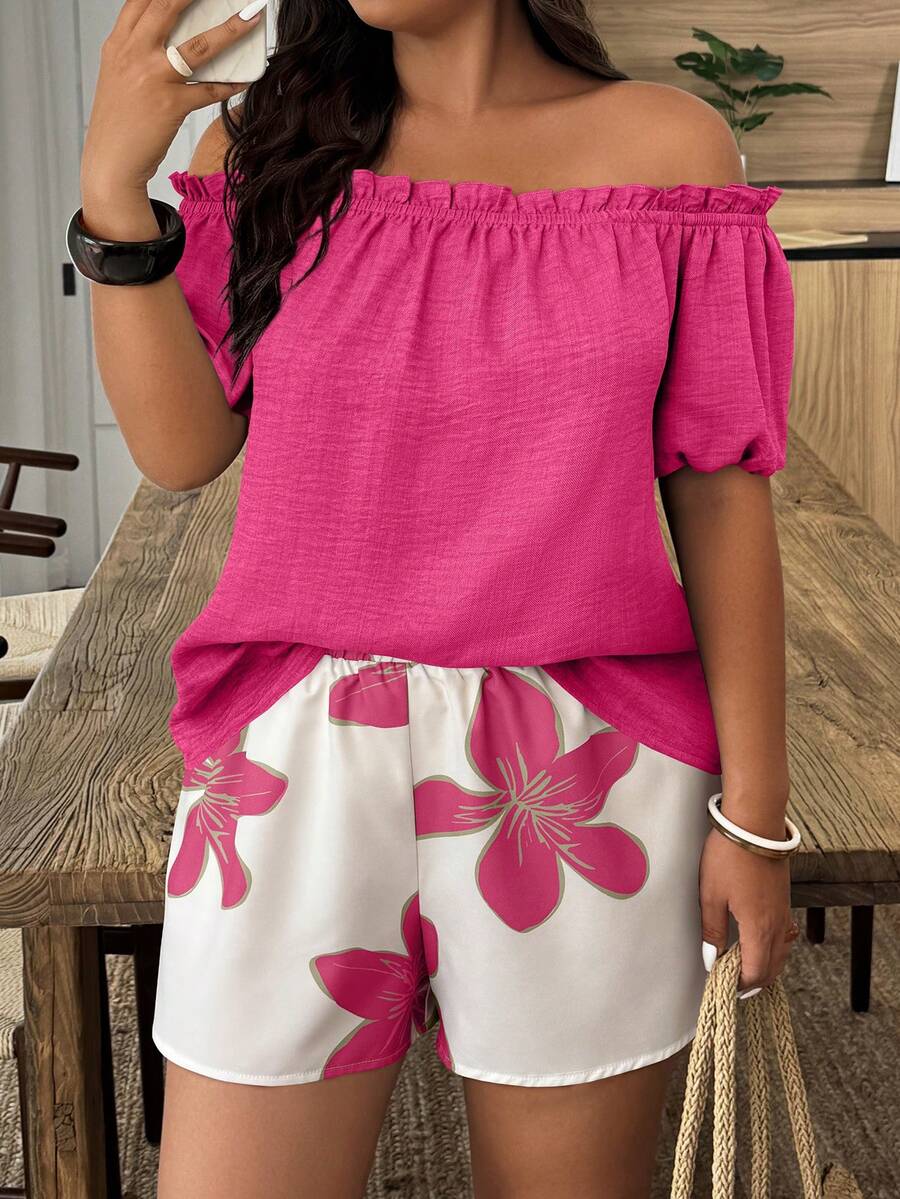 Weeklong Plus Size Women 2pcs Set Off Shoulder Casual Vacation Top - Multicolor - View 1