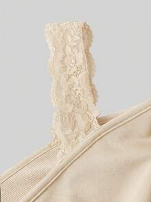 SHEIN MOD Plus Size Lace Trim Off Shoulder Long Sleeve Cropped Sweatshirt - Apricot - View 3