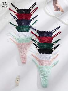 SHEIN Conjunto de 14 piezas de bragas tipo tanga de mujer con encaje floral y decoración de diamantes de lujo - Multicolor - Ver 2