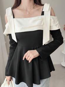 FRIFUL 吊带拼接撞色露肩收腰X型修身休闲百搭长袖T恤 - 黑色 - 查看 5