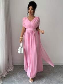 Elenzga Đầm maxi nữ màu trơn chất liệu chiffon, có lớp lót, xếp ly eo, dây rút điều chỉnh, vai rớt, kiểu dáng thanh lịch, cổ điển Pháp, lãng mạn và tối giản, phù hợp cho công sở, đi làm, kinh doanh, thường ngày, đi biển, hẹn hò, phong cách boho, mùa xuân/hè. - Hồng - Xem 5