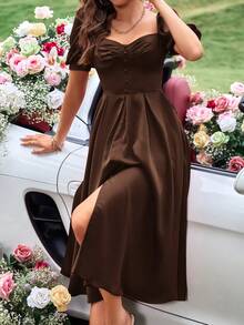 Aveloria Rosie Ruched Fake Button Puff Sleeve Sweetheart Neck Split Thigh Satin Dress Vacation Outfits Woman  - Brown - View 4