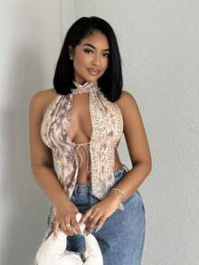 Alexandranx 高领系带动物纹上衣，适合夜店、户外、夜店等场合，性感复古风，夏季度假伊比沙岛海滩装，波西米亚风夏季性感优雅伊比沙岛户外上衣，适合夜店、秋冬季等场合。 - 卡其色 - 查看 6