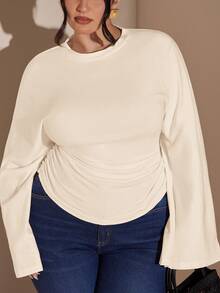 SHEIN BAE Plus Size Elegant Minimalist Solid Color Ruched Waist T-Shirt, Suitable For Commuting, Autumn - Apricot - View 3