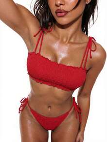 2pcs Women's Halter Tie Ruffle Trim Bikini Set - Red - View 1
