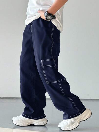 SHEIN 1件装青少年男童休闲运动学院风文艺复古直筒裤，带工作口袋和撞色线条装饰，适合返校、生日派对、晚宴、演出、婚礼、洗礼、开幕式、日常穿着，适合上学、度假、旅行、运动，适合春夏季节。