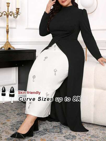 SHEIN CURVE+ Plus Size Damklänning med hög krage, långärmad, färgblock och strassutsmyckad elegant