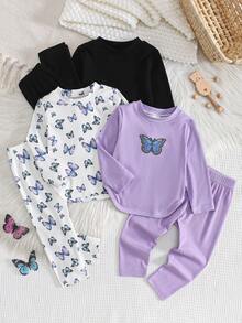 SHEIN Bộ đồ đôi thoải mái, rộng rãi cho bé gái, cổ tròn, in hình gấu dễ thương, gồm áo thun và quần dài dệt kim gân, thích hợp cho mùa thu/đông. - Nhiều màu - Xem 9