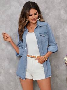 EMERY ROSE 女士休闲前扣翻盖口袋牛仔衬衫，秋季款 - 淺色水洗藍 - 查看 6