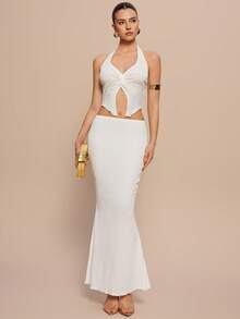 Leighera 女士纯色扭结下摆露背吊带短款上衣和鱼尾裙修身性感两件套 - 白色 - 查看 2