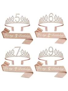 Sparkling Rhinestone Crystal Crown Tiara With Happy Birthday Satin Sash 2PCS Set For Girls 3rd 4th 5th 6th 7th 8th 9th Years Old Birthday Party Decorations, Princess Anniversary Celebration Supplies For Christmas​ - Rose Gold - View 1