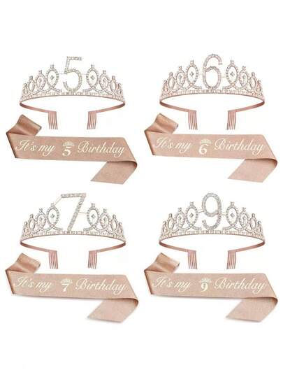 Sparkling Rhinestone Crystal Crown Tiara With Happy Birthday Satin Sash 2PCS Set For Girls 3rd 4th 5th 6th 7th 8th 9th Years Old Birthday Party Decorations, Princess Anniversary Celebration Supplies For Christmas​