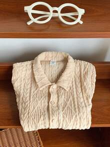 SHEIN Young Boy Plain Collar Textured Fabric Casual Short Sleeve Cardigan