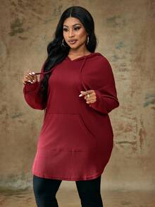 Truni Plus Size Casual Solid Color Drawstring Hooded Sweatshirt, Autumn New Years Women Birthday Women Fall Sweatshirt Winter, For Pear & Triangle Body Shape - Burgundy - View 3