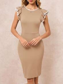 SHEIN Clasi Đầm nữ cổ tròn ôm sát, viền tương phản, tay loe. - Màu Khaki - Xem 3