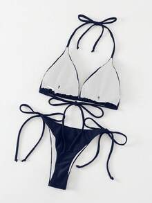 Swim Basics 1 套女士纯色性感系带比基尼，沙滩泳装 - 藏蓝色 - 查看 5