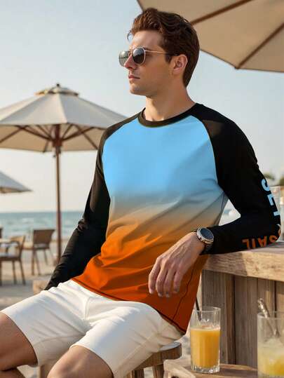 Manfinity Swimmode Men's Ombre Round Neck Long Sleeve Surfing T-Shirt, Beach Vacation