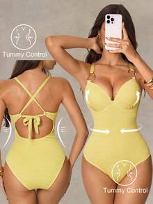 Shapewave 1pc Women's Slimming Backless U-Shaped Criss-Cross Strap One-Piece Swimsuit, Fashionable Casual Vacation Wear - Yellow - View 1